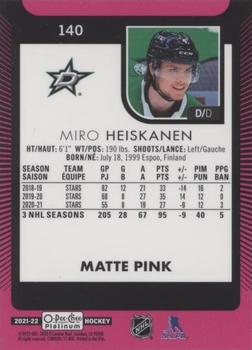 2021-22 O-Pee-Chee Platinum - Matte Pink #140 Miro Heiskanen Back