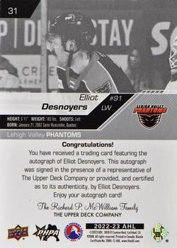 2022-23 Upper Deck AHL - Autographs #31 Elliot Desnoyers Back