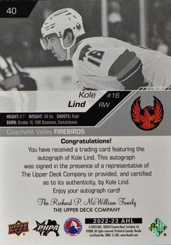 2022-23 Upper Deck AHL - Autographs #40 Kole Lind Back