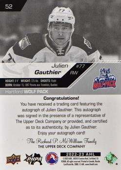 2022-23 Upper Deck AHL - Autographs #52 Julien Gauthier Back