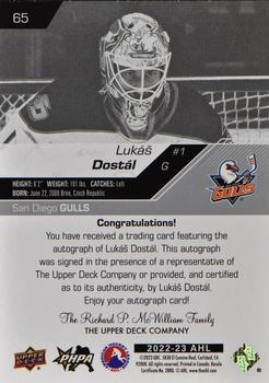 2022-23 Upper Deck AHL - Autographs #65 Lukas Dostal Back