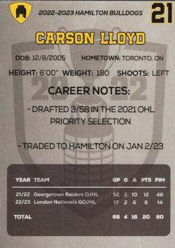 2022-23 Hamilton Bulldogs (OHL) #NNO Carson Lloyd Back