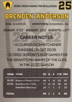 2022-23 Hamilton Bulldogs (OHL) #NNO Brenden Anderson Back