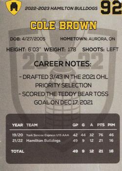 2022-23 Hamilton Bulldogs (OHL) #NNO Cole Brown Back