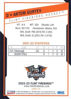 2022-23 Choice Flint Firebirds (OHL) #10 Artem Guryev Back