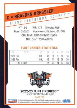 2022-23 Choice Flint Firebirds (OHL) #15 Braeden Kressler Back