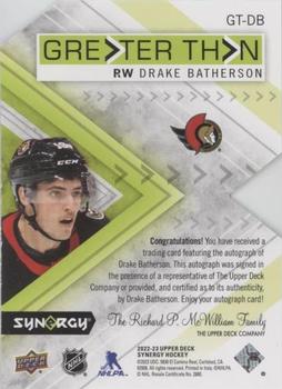 2022-23 Upper Deck Synergy - Greater Than Signatures #GT-DB Drake Batherson Back