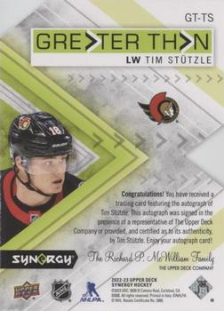 2022-23 Upper Deck Synergy - Greater Than Signatures #GT-TS Tim Stutzle Back