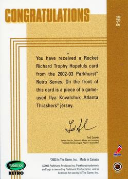 2002-03 Parkhurst Retro - Rocket Richard Trophy Hopefuls #RR-6 Ilya Kovalchuk Back