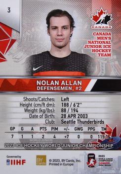 2023 BY Cards IIHF World Junior Championship #3 Nolan Allan Back