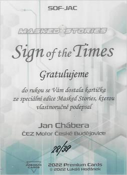 2022 Premium Cards Masked Stories - Sign of the Times Black #SOF-JAC Jan Chabera Back