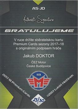 2017-18 Premium Cards WSM Liga - Authentic Signature #AS-JD Jakub Doktor Back