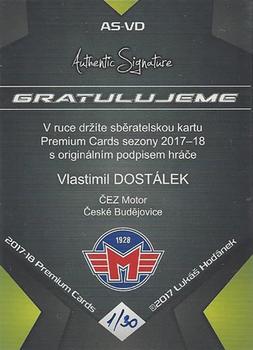 2017-18 Premium Cards WSM Liga - Authentic Signature #AS-VD Vlastimil Dostalek Back