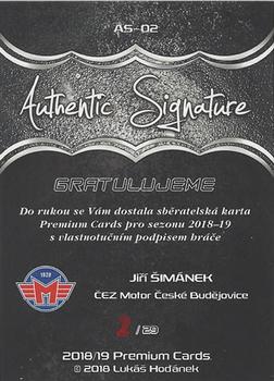 2018-19 Premium Cards CHANCE liga - Authentic Signature #AS-02 Jiri Simanek Back