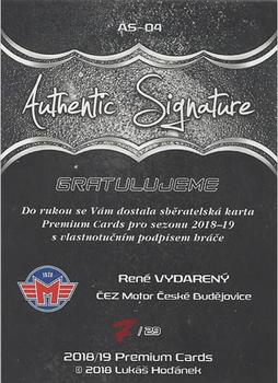 2018-19 Premium Cards CHANCE liga - Authentic Signature #AS-04 Rene Vydareny Back