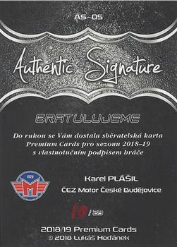 2018-19 Premium Cards CHANCE liga - Authentic Signature #AS-05 Karel Plasil Back