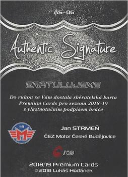 2018-19 Premium Cards CHANCE liga - Authentic Signature #AS-06 Jan Strmen Back