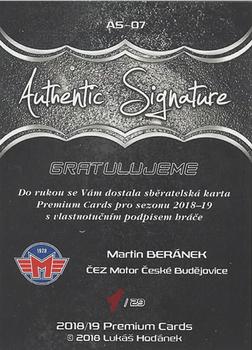 2018-19 Premium Cards CHANCE liga - Authentic Signature #AS-07 Martin Beranek Back