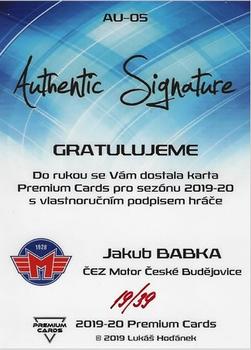 2019-20 Premium Cards CHANCE liga - Authentic Signature #AU-05 Jakub Babka Back