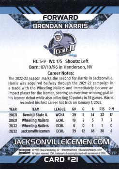 2022-23 Choice Jacksonville Icemen (ECHL) #21 Brendan Harris Back