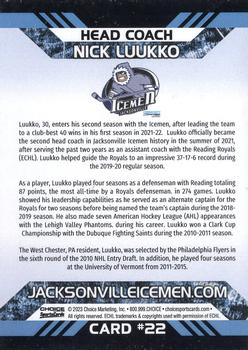2022-23 Choice Jacksonville Icemen (ECHL) #22 Nick Luukko Back