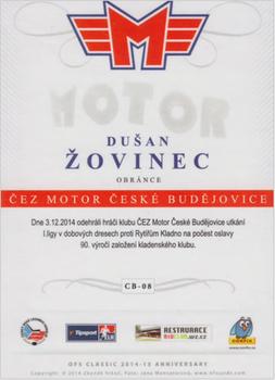 2014-15 CEZ Motor Ceske Budejovice - Signature 1/1 #CB-08 Dusan Zovinec Back