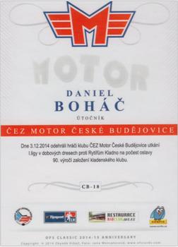 2014-15 CEZ Motor Ceske Budejovice - Signature 1/1 #CB-18 Daniel Bohac Back