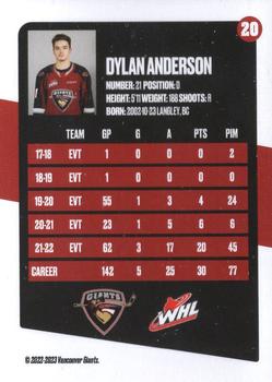 2022-23 Vancouver Giants (WHL) #20 Dylan Anderson Back