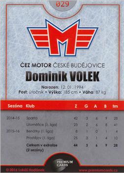 2016-17 Ceske Budejovice Gold Jersey - Home Jersey #29 Dominik Volek Back