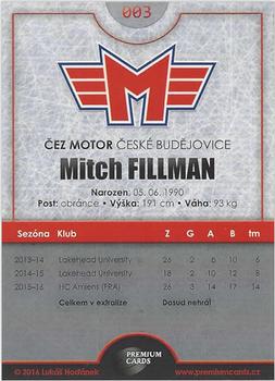 2016-17 Ceske Budejovice Gold Jersey - Signature #3 Mitch Fillman Back