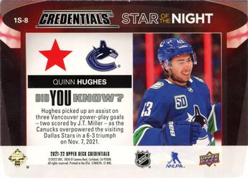 2021-22 Upper Deck Credentials - Star of the Night: First Star #1S-8 Quinn Hughes Back