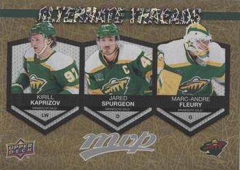 2023-24 Upper Deck MVP - Alternate Threads Gold #AT-12 Kirill Kaprizov / Jared Spurgeon / Marc-Andre Fleury Front