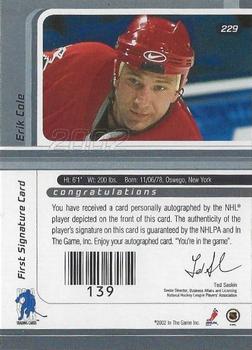2001-02 Be a Player Update - 2001-02 Be A Player Signature Series Update Autographs Gold #229 Erik Cole Back