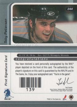 2001-02 Be a Player Update - 2001-02 Be A Player Signature Series Update Autographs Gold #244 Toby Petersen Back