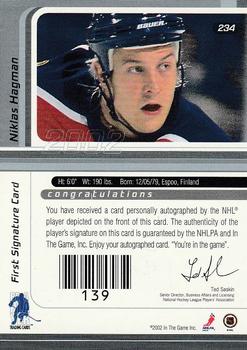 2001-02 Be a Player Update - 2001-02 Be A Player Signature Series Update Autographs #234 Niklas Hagman Back