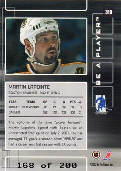 2001-02 Be a Player Update - 2001-02 Be a Player Memorabilia Update Ruby #319 Martin Lapointe Back