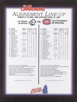 1998-99 Montreal Canadiens Line-Up Sheets #NNO Stephane Quintal Back