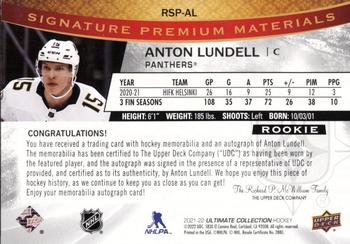 2021-22 Upper Deck Ultimate Collection - Rookie Signature Premium Materials #RSP-AL Anton Lundell Back