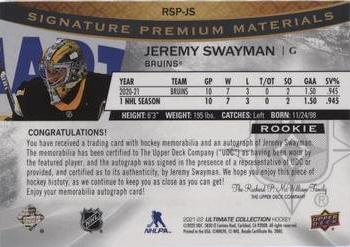 2021-22 Upper Deck Ultimate Collection - Rookie Signature Premium Materials #RSP-JS Jeremy Swayman Back