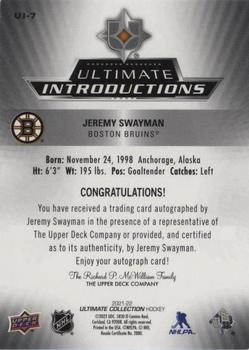 2021-22 Upper Deck Ultimate Collection - Ultimate Introductions Auto #UI-7 Jeremy Swayman Back