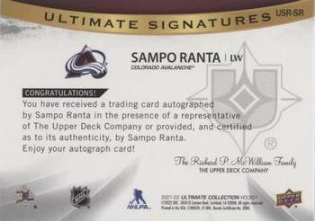 2021-22 Upper Deck Ultimate Collection - Ultimate Signatures Rookies #USR-SR Sampo Ranta Back
