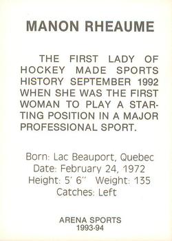 1993-94 Arena Sports Manon Rheaume (Unlicensed) #NNO Manon Rheaume Back