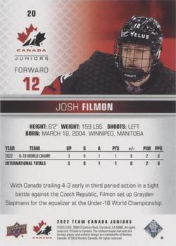 2022-23 Upper Deck Team Canada Juniors - Blue #20 Josh Filmon Back