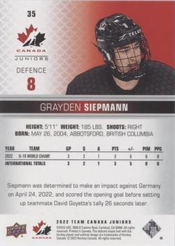2022-23 Upper Deck Team Canada Juniors - Blue #35 Grayden Siepmann Back