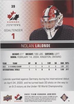 2022-23 Upper Deck Team Canada Juniors - Blue #39 Nolan Lalonde Back