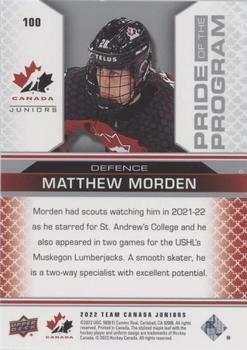 2022-23 Upper Deck Team Canada Juniors - Blue #100 Matthew Morden Back