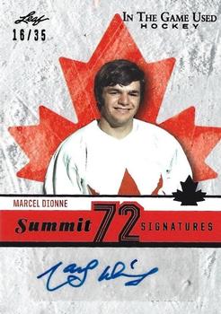 2022-23 Leaf In The Game Used - Summit ‘72 Signatures Purple Foil #S72-MD1 Marcel Dionne Front
