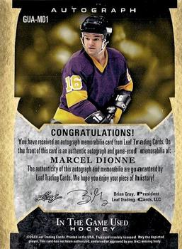 2022-23 Leaf In The Game Used - In The Game Used Auto Purple Foil #GUA-MD1 Marcel Dionne Back