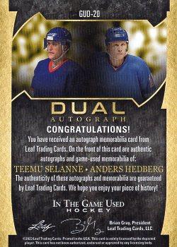 2022-23 Leaf In The Game Used - In The Game Used Dual Auto Silver Sparkle #GUD-20 Teemu Selanne / Anders Hedberg Back