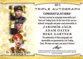 2022-23 Leaf In The Game Used - In The Game Used Triple Auto Red Spectrum #GUT-5 Jaromír Jágr / Adam Oates / Mike Gartner Back